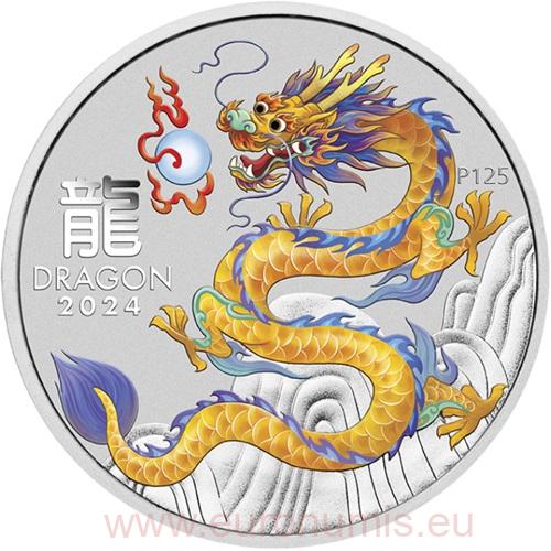 Dollar 2024 Austrália BU farbená 1 Oz Ag, Lunar III. - Yellow Dragon