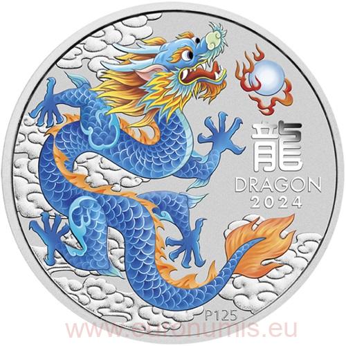 Dollar 2024 Austrália BU farbená 1 Oz Ag, Lunar III. - Blue Dragon