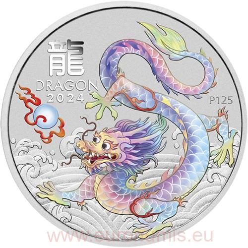 Dollar 2024 Austrália BU farbená 1 Oz Ag, Lunar III. - White Dragon