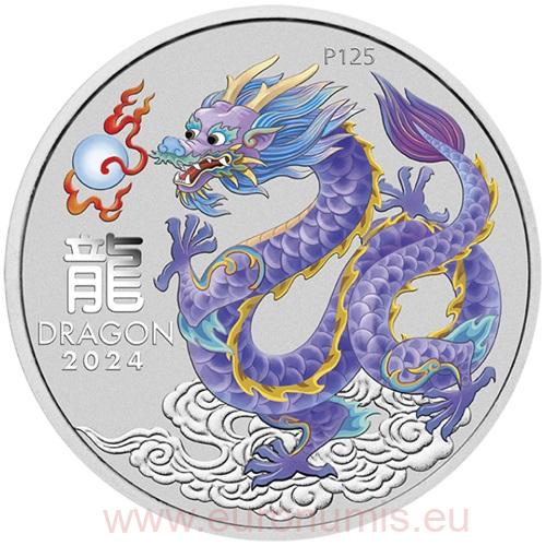 50 Cents 2024 Austrália BU farbená 1/2 Oz Ag, Lunar III. - Lilac Dragon