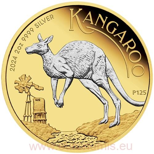 2 Dollars 2024 Austrália PROOF 2 Oz Ag gilded Kangaroo