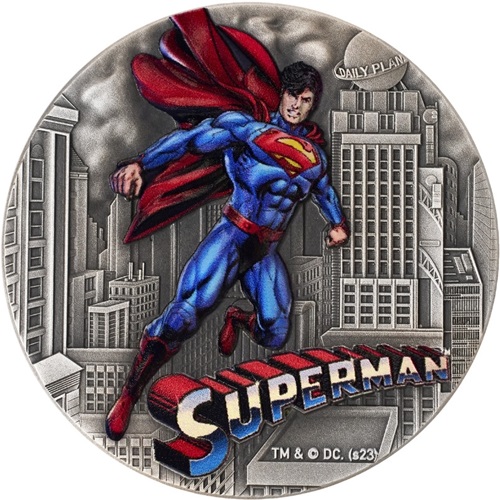 5 Dollars 2023 Niue BU farbená High Relief Antiqued 2 Oz Ag, Superman