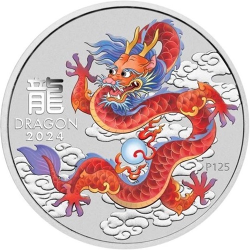 Dollar 2024 Austrália BU farbená 1 Oz Ag, Lunar III. - Red Dragon