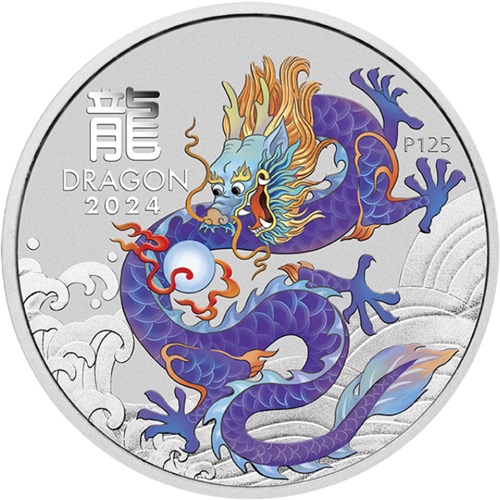 Dollar 2024 Austrália BU farbená 1 Oz Ag, Lunar III. - Purple Dragon