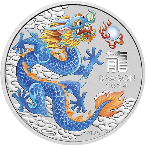 Dollar 2024 Austrália BU farbená 1 Oz Ag, Lunar III. - Blue Dragon