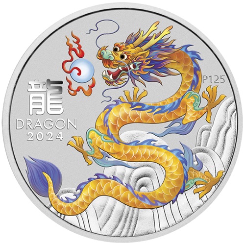 50 Cents 2024 Austrália BU farbená 1/2 Oz Ag, Lunar III. - Yellow Dragon