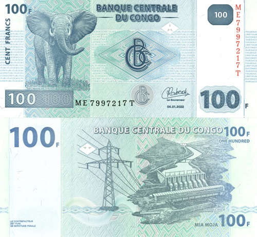 100 Francs 2022 Kongo Dem. Rep. UNC séria ME*T