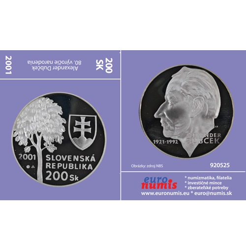 Papierový prebal na 200 korún 2001 Slovensko PROOF, Alexander Dubček