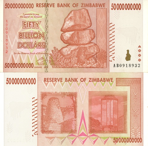 50 000 000 000 Dollar 2008 Zimbabwe UNC séria AB