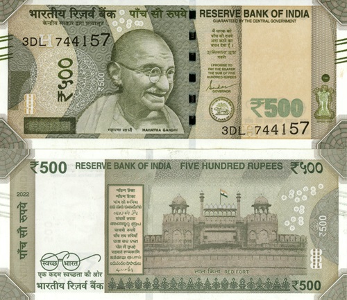 500 Rupees 2022 India UNC séria 3DL