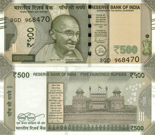 500 Rupees 2022 India UNC séria 3GD