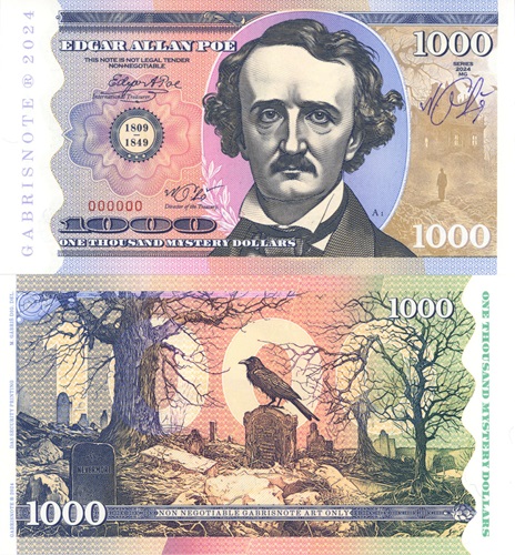 1000 Mystery Dollars 2024 UNC Edgar Allan Poe séria MG anulát s podpisom autora