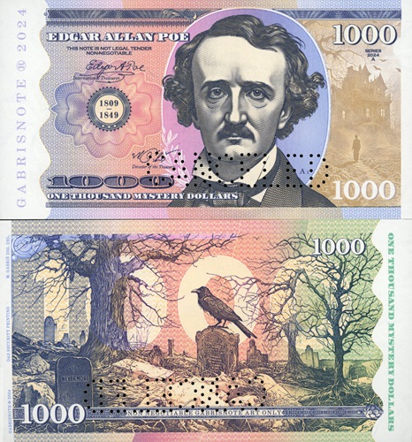 1000 Mystery Dollars 2024 UNC Edgar Allan Poe séria A  perforácia CANCELED