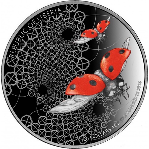 20 Dollars 2024 Libéria PROOF Ultra High Relief Ruthenium Red 1 Oz Ag, Entoma Ladybird