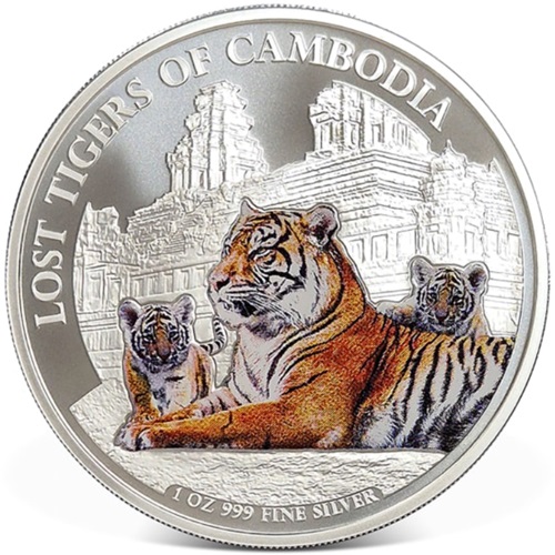 3000 Riels 2025 Kambodža BU farbená 1 Oz Ag, Lost Tiger of Cambodia